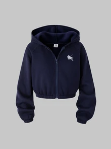 SHEIN 3件組青少年女孩時尚休閒運動套裝，抓絨，秋季穿搭，酒紅色連帽長袖拉鍊短版上衣搭配同款寬鬆休閒長褲 - 藏蓝色 - 查看 4