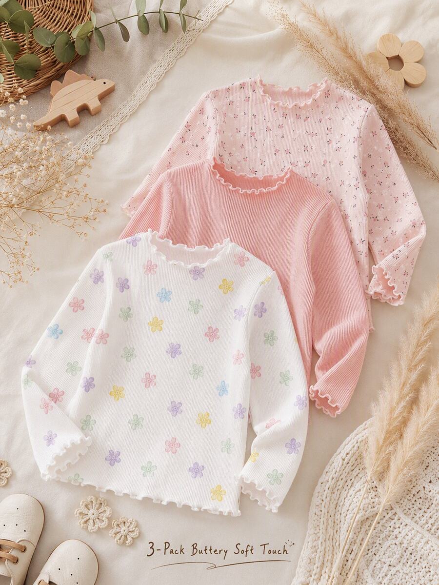 3pcs Soft Mist Color Series, Bohemian Small Ditsy Floral, Girls Casual Comfortable Soft Elastic Ribbed Ruffle Hem Tops, Suitable For Autumn/Winter Daily Wear, Layering, Back To School Wardrobe Essential Basic, Autumn/Winter Inner Layering Must-Have, Sweet And Playful Girly Style - Multicolor - View 1