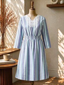 Rusticease Plus Size Women's Contrast Lace Striped Waist Shirred Casual Dress - Multicolor - View 11
