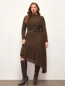 Maija Gaun Ukuran Besar untuk Musim Gugur, Elegan, Kasual, Rapi, Warna Polos, Hem Asimetris, Cocok untuk Thanksgiving, Kantor, Brunch, Acara Malam Formal, Cokelat, Musim Gugur - Coklat - View 3