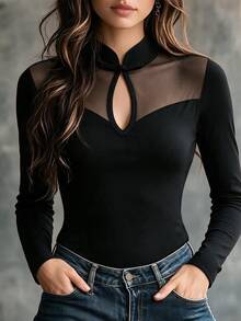 SHEIN Minimalist Elegant Round Neck Frog Button Slim Fit New Chinese Style Daily Date Commute Women's Casual T-Shirt - Black - View 2