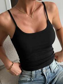 DAZY Camiseta de tirantes ajustada de unicolor con textura acanalada para mujer - Negro - Ver 5