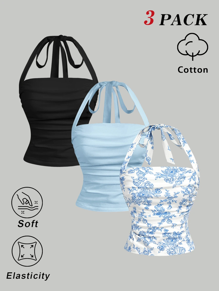 SHEIN MOD 3件組花卉印花與純色掛脖背心上衣 - 藍色 - 查看 1