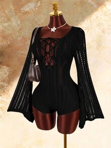 Amplova Jumpsuit nữ len dệt kiểu Boho mới, thắt dây trước, ôm dáng, hơi xuyên thấu - màu đen - Xem 10