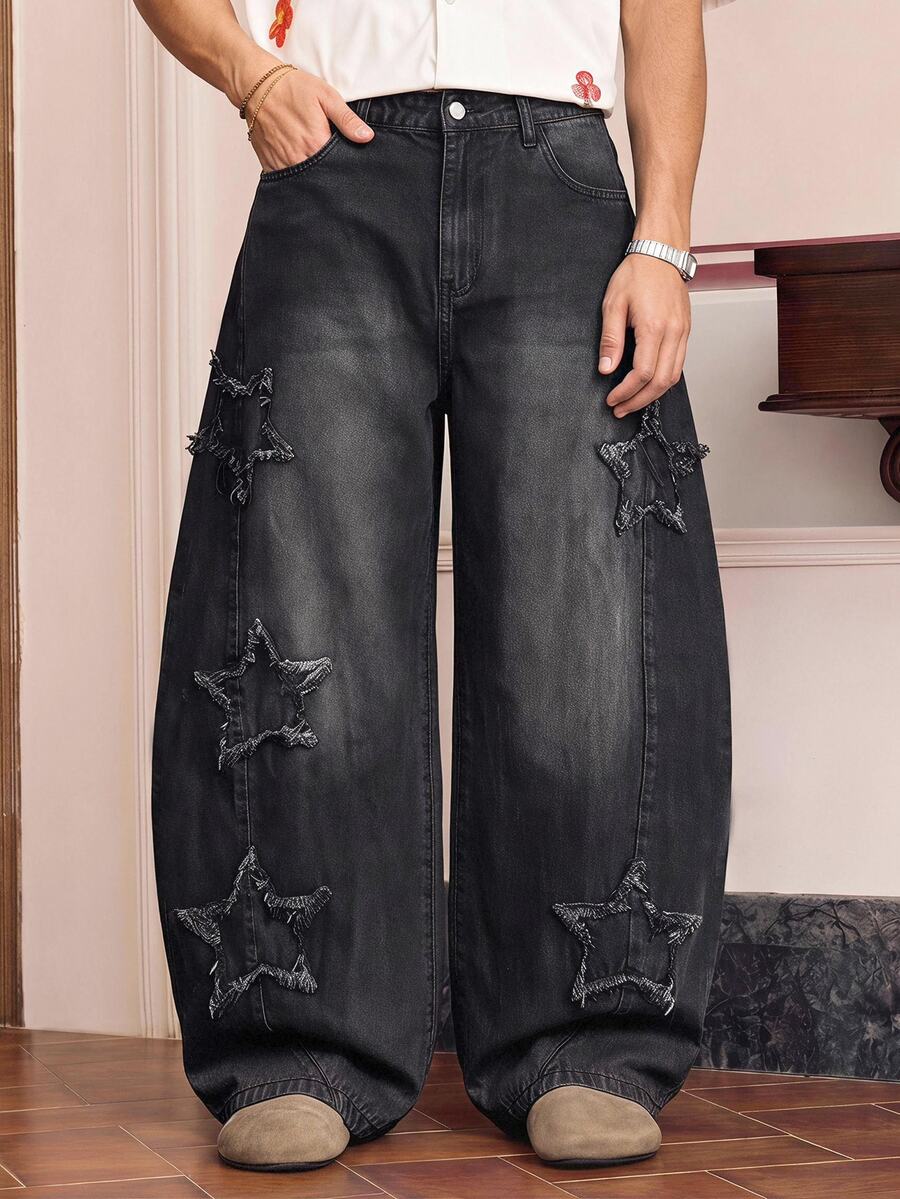 SWAVVY Men's Five-Point Star Frayed Patchwork Wide Leg Jeans - Black - View 1