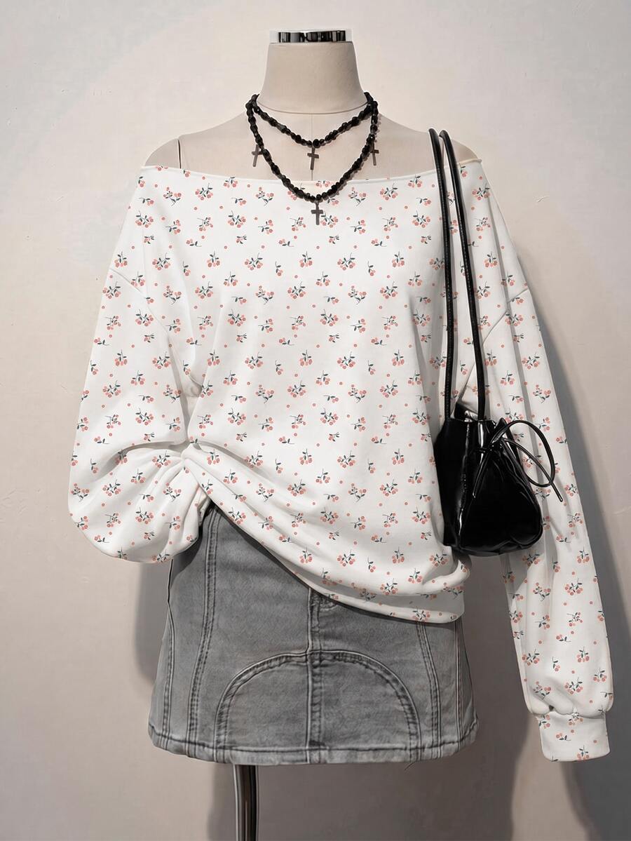 SHEIN EZwear 女款花卉露肩長袖寬鬆休閒衛衣 - 彩色 - 查看 1