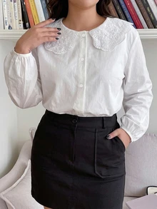 Dazy Plus Peter Pan Collar Loose Long Sleeve Versatile White Spring/Autumn New Shirt - White - View 3
