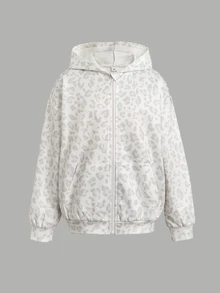 SHEIN 青少年女孩復古白色淺豹紋針織拉鍊運動衫，適合日常穿著 - 淺灰色 - 查看 2
