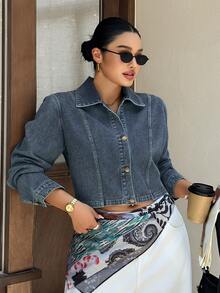 Dazy Plus Washed Denim Cropped Short Sleeve Collared Top Street Style Plus Size Women Spring Summer Blogger Denim Shirt - Medium Wash - View 4