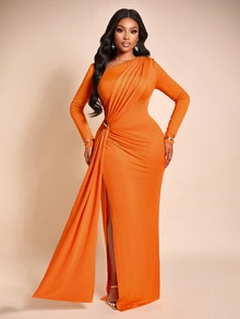 Brilight Mature Elegant Dress Long Sleeve Waist Twist Ruched Metal Buckle Draped Slit Formal Gown Wedding Dinner Cocktail Halloween Burnt Orange Fall - Orange - View 8