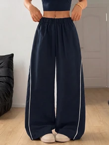 SHEIN PETITE Women's Autumn/Winter Street Style Vintage Holiday Outing Back To School Basic Black Wide Leg Pants, Essential For Daily Wear - Navy Blue - View 8