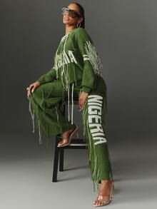 NYA SZN Celana Rajut "Nigeria" Rumbai Blok Warna Cuaca Dingin Kasual untuk Jalan-jalan, Gym, Athleisure, Acara Khusus, Olahraga Streetwear, Lucu, Chic, Hijau, Musim Gugur, Musim Dingin - Hijau - View 1