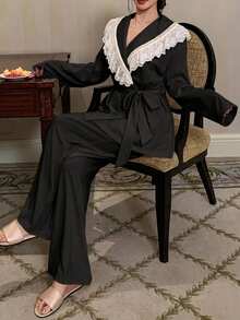 DAZY Charming Lace Ruffle Large Collar 2-Piece Women's Pajama Set - Black - View 6