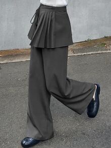 FRIFUL Women's Solid Color Side Knot Pleated Skirt And Long Pants Casual 2 Pieces Set Fall - Grey - View 5