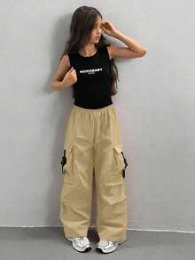 Quần túi hộp màu trơn phong cách thường ngày đa năng cho bé gái tuổi teen - Màu Khaki - Xem 3