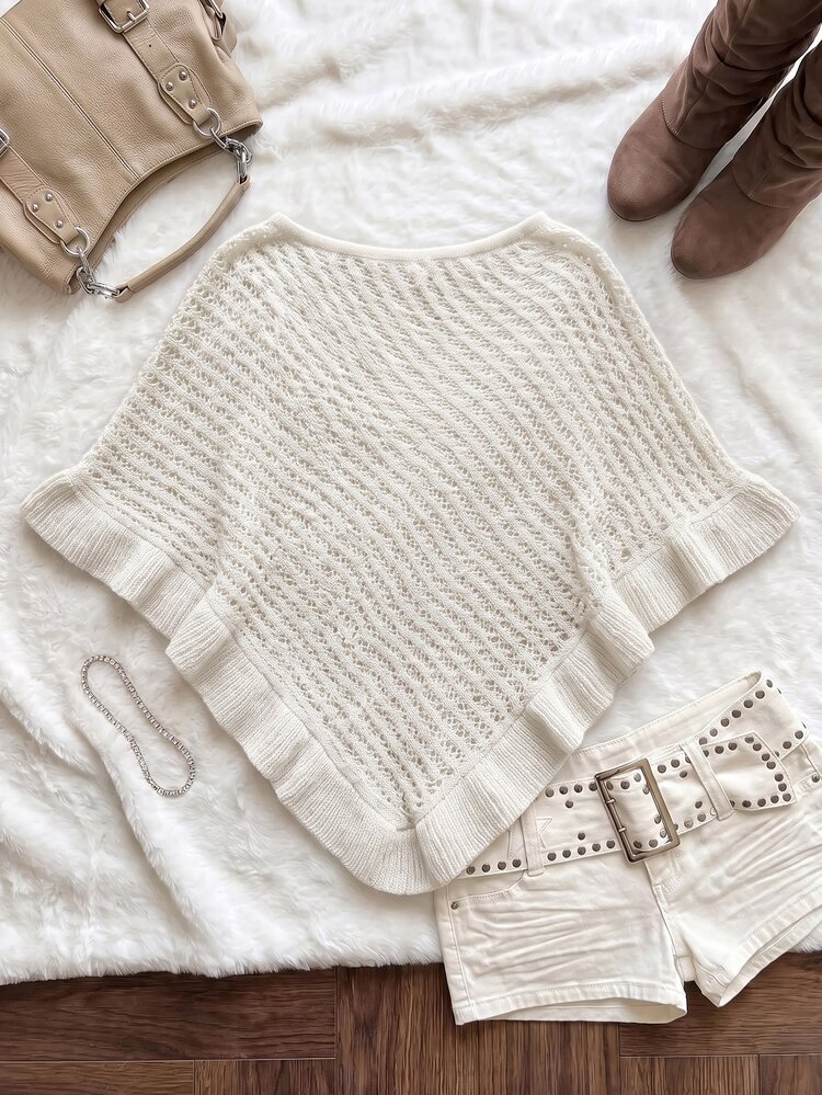 Comfortcana Summer Poncho For Outings And Dates, Green, Ruffle Hem, Semi-Sheer, Casual, Crochet, Plus Size Women's Clothing - White - View 3