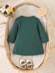 Baby Girls Fashion Cute Crew Neck Knit Dress With Small Floral Prints - Dark Green - View 2