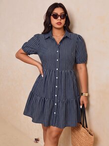 SHEIN Essnce 大尺碼女款條紋百褶休閒日常夏季洋裝 - 藏蓝色 - 查看 5