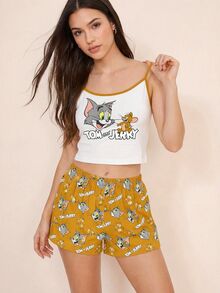 TOM & JERRY X SHEIN 女款字母印花細肩帶上衣與短褲睡衣套裝 - 棕色 - 查看 5