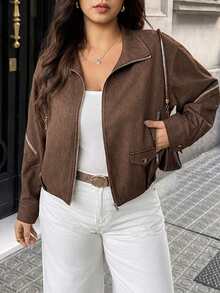 Vionelle Plus Size Women's French Casual Elegant Long Sleeve Jacket - Mocha Brown - View 3