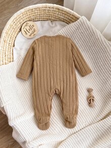SHEIN 新生兒男嬰/女嬰可愛休閒針織卡通圖案卡其色連身衣 - 卡其色 - 查看 2