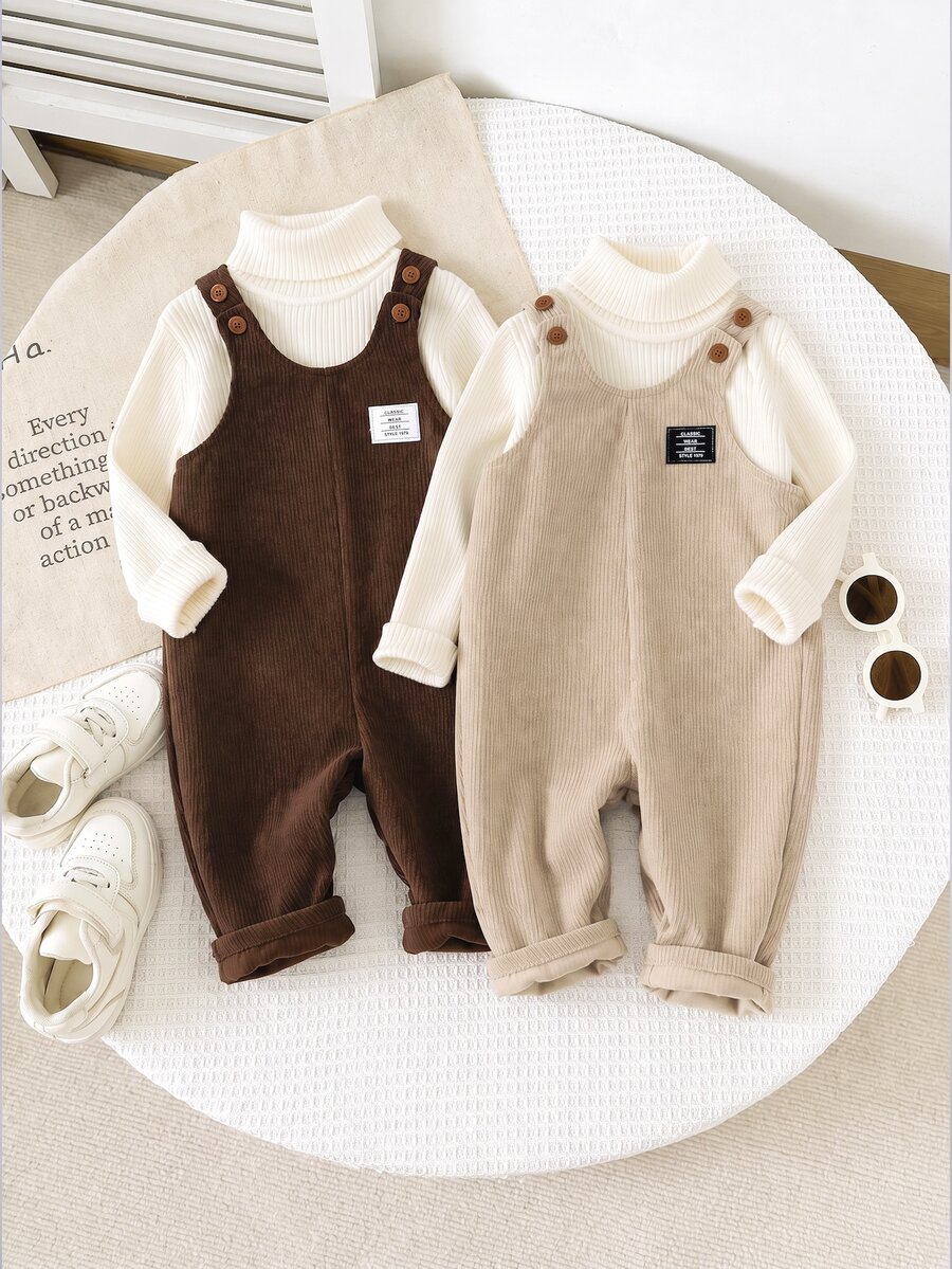 SHEIN Baby Boy Decorative Woven Label Suspender Jumpsuit, Versatile & Comfortable Pcs
