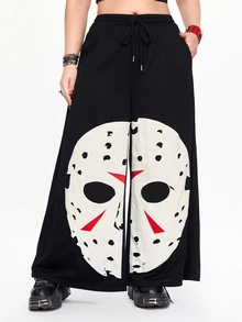 Friday the 13th X ROMWE IP Collaboration Horror Movie Graphic Patchwork Embroidery Design Plus Size Loose Streetwear Sweatpants - Black - View 1