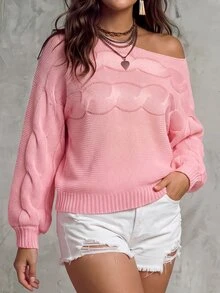 SHEIN LUNE CURVE Cherry Blossom Pink Soft Matte Hollow Cable Knit Cold Shoulder Slouchy Pullover Sweater Plus Size Autumn Date Night Formal Casual Elegant - Pink - View 5