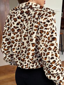 SHEIN EZwear 秋冬時尚復古豹紋毛絨寬鬆夾克 - 杏色 - 查看 2