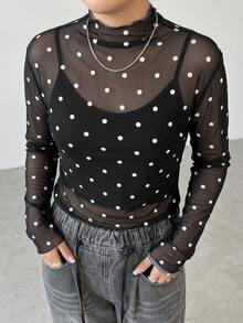 Dazy Plus Atasan Jala Pas Badan Motif Polkadot Kulit Ukuran Plus - Hitam - View 3