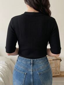 Dazy Plus Solid Color Half-Placket Fitted Casual Versatile Short Sleeve Knit Top, Spring/Autumn - Black - View 2