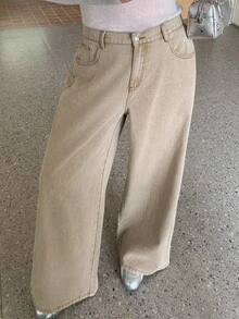 Dazy Plus Women's Vintage Washed Distressed High Waist Slimming Loose Casual Straight Leg Floor Length Denim Jeans - Apricot - View 1