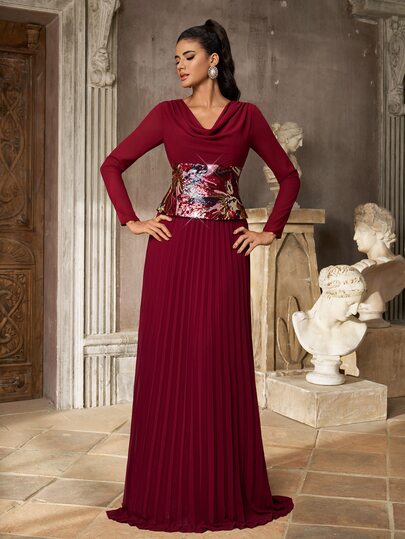 Aureia Elegant Glamorous Deep Red Sequin Embroidered Patchwork Chiffon Cowl Neck 2 In 1 Sun Pleated A-Line Evening Gown