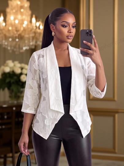 SHEIN Lady CURVE Chaqueta de mujer talla grande con estampado floral, cuello de chal, manga 3/4 y frente abierto