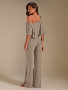 Athîral Women's Asymmetric Neckline Cropped Top And Long Pants Loungewear Set - Camel - View 2