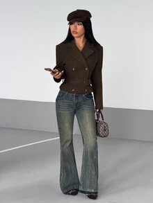 StreetHx Mantel Lengan Panjang Kancing Ganda dengan Desain Kerah - Coffee Brown - View 4