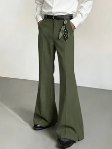 Manfinity Hypemode Men's Casual 80s Strench Flare Pants Solid Color Mid Rise Slim Fit Trousers With Pockets Vacation Holiday Olive Green Autumn - Army Green - View 3