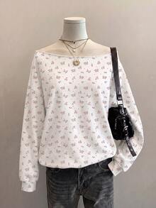 SHEIN EZwear 女款花卉露肩長袖寬鬆休閒衛衣 - 彩色 - 查看 2