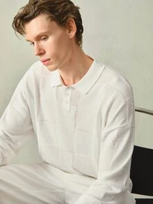 RONVEXI 男士百搭網眼鈕扣半開襟長袖針織衫 - 彩色 - 查看 8