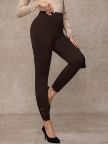 Amorya Women's Lace Trim High Elasticity Elegant Casual Leggings Formal Work Brunch Formal Everyday Formal Everyday Dark Brown Winter - Coffee Brown - View 6