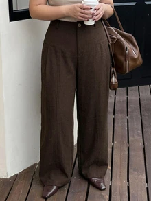 Dazy Plus Plus Size Solid Color Casual Wide Leg Pants For Office - Brown - View 5