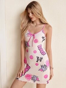 TOM & JERRY X SHEIN Women's Letter Cartoon Print Casual Spaghetti Strap Dress - Baby Pink - View 4