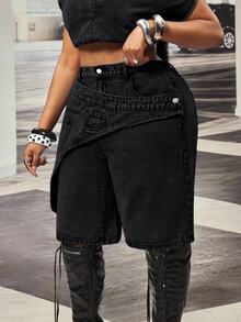 Slaydiva High Waist Loose Asymmetrical Patchwork Plus Size Denim Shorts - Dark Grey - View 4