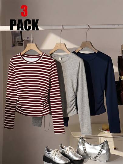 Bộ 3 món áo thun nữ trẻ em 8Y-12Y phong cách đại học, thời trang casual mùa thu, tay dài, eo rút dây, họa tiết in, màu xám heather, xanh navy, đỏ kẻ sọc, thiết kế tối giản kiểu Mỹ, màu trơn, cá tính, đa năng, đi chơi, mặc quanh năm, mùa đông