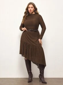 Maija Gaun Ukuran Besar untuk Musim Gugur, Elegan, Kasual, Rapi, Warna Polos, Hem Asimetris, Cocok untuk Thanksgiving, Kantor, Brunch, Acara Malam Formal, Cokelat, Musim Gugur - Coklat - View 1
