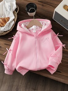 Toddler Girls Polyester Hooded Long Sleeve Solid Color Zip Pocket Regular Open Front Loose Fit Sweatshirt Fall/Winter Pink - Pink - View 4