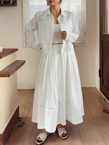 Dazy Plus Elegant Lace Patchwork Pocket Shirt & Skirt 2 Pieces Set, White, Spring/Autumn New Style - White - View 7