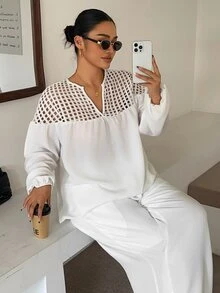 Livesso Curve Hollow Mesh Patchwork Pullover Top And Loose Long Pants Vacation Style Urban Casual Two Pieces Set - White - View 1