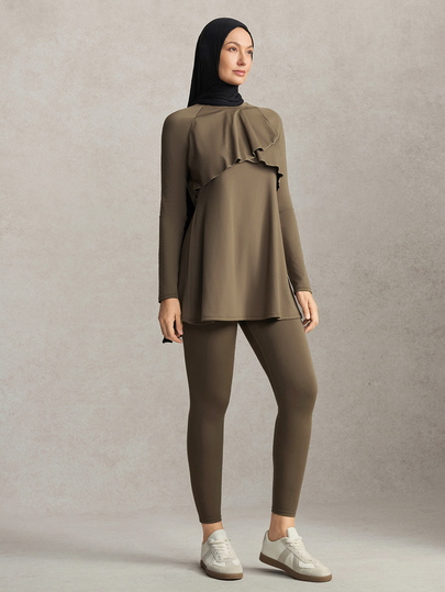 Activina Women's Round Neck A-Line Loose Long T-Shirt + Fitted Cropped Pants Set, Middle Eastern Style, Autumn Sports