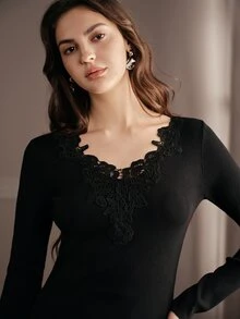 Anewsta Elegant Romantic Fitted Long Sleeve Hollow Lace Collar Commuter Sweater For Women - Black - View 6